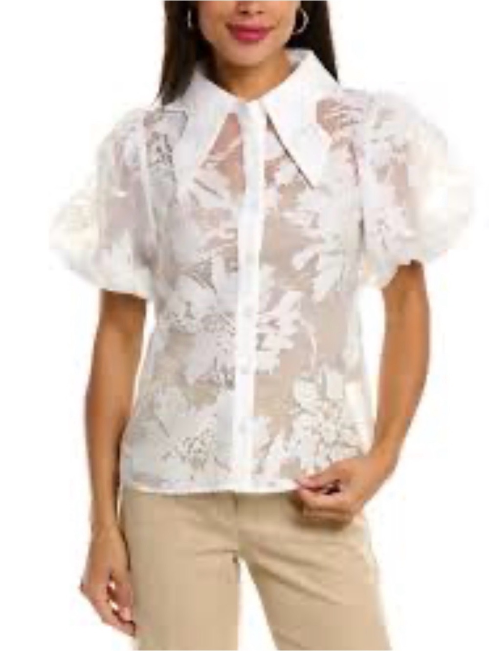 Gracia Sheer White Lace Puff-Sleeve Button-Front Top